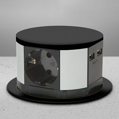 Rejtett elosztó bútorlapba építhető, kör alakú MINI (3-as+2 USB) fekete