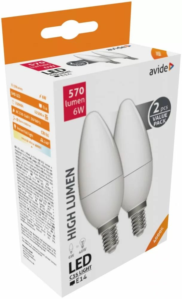 Image of Avide LED Candle Twin Pack 6W E14 NW 4000K, 570 lumen (K)