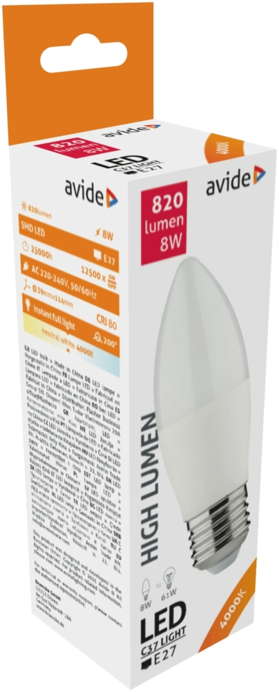 Image of Avide LED gyertya izzó 8W E27 4000K, 820 lm (K)