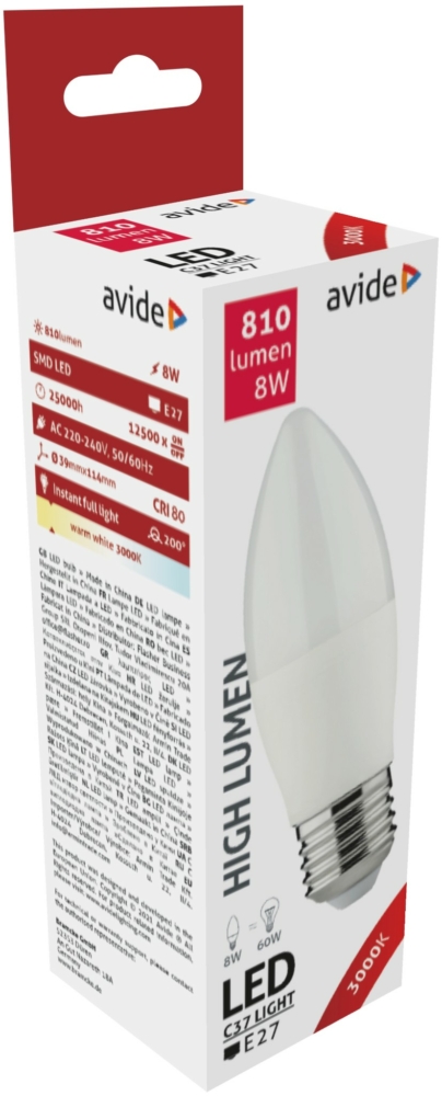Image of Avide LED gyertya izzó 8W E27 3000K, 810 lm (K)