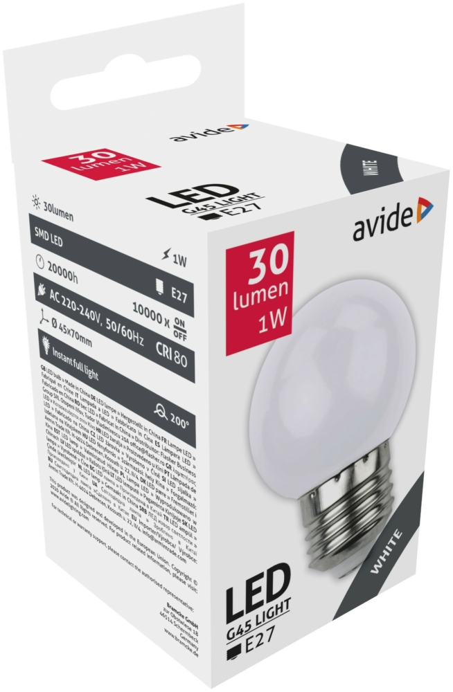 Image of Avide Dekor LED fényforrás G45 1W E27 Fehér (K)