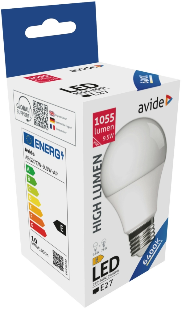 Image of Avide LED gömb izzó A60 9.5W E27 6400K, 1055 lm (K)
