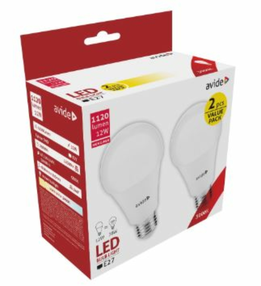 Image of Avide LED Globe Twin Pack A60 12W E27 WW 3000K, 1120 lumen (K)