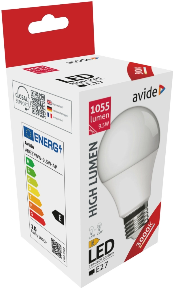 Image of Avide LED gömb izzó A60 9.5W E27 3000K, 1055 lm (K)