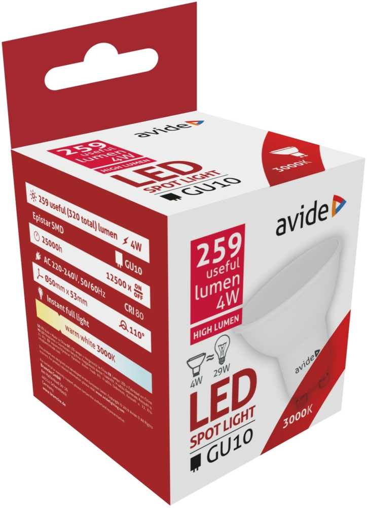 Image of Avide LED spot izzó 4W GU10 WW 3000K, 320 lm (K)