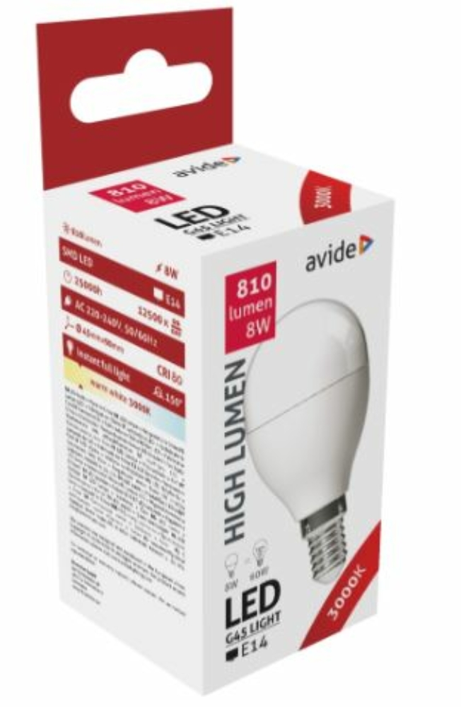 Image of Avide LED gömb izzó Mini G45 8W E14 WW 3000K, 810 lumen (K)
