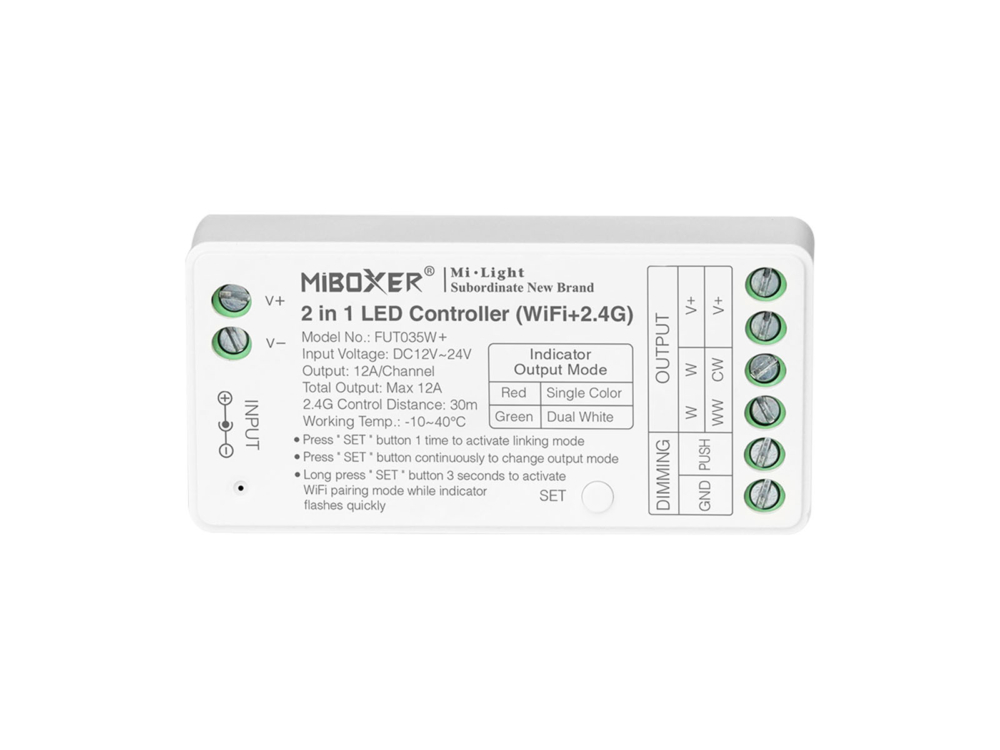 Image of MiLight FUT035W+ 2 az 1-ben LED vezérlő egyszínű és CCT szalagokhoz, WIFI, 12A