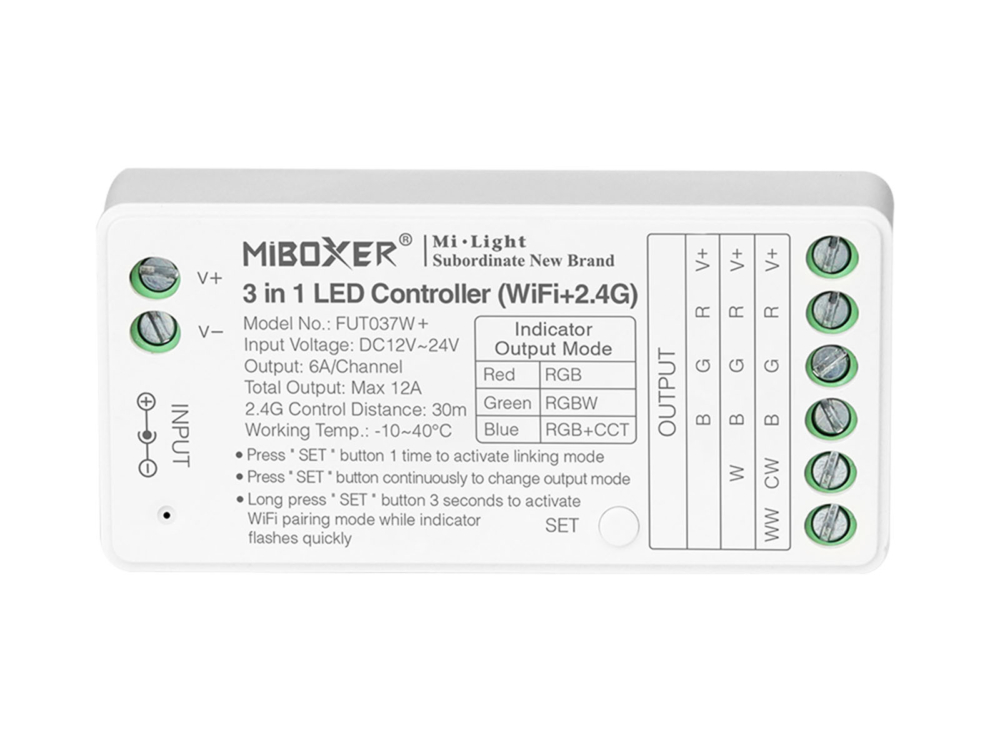 Image of MiLight FUT037W+ 3 az 1-ben LED vezérlő RGB, RGBW, RGB-CCT szalagokhoz, WIFI, 12A