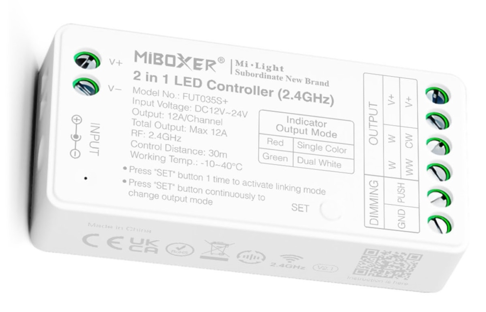 Image of MiLight FUT035S+ 2 az 1-ben LED vezérlő egyszínű és CCT szalagokhoz, 12A