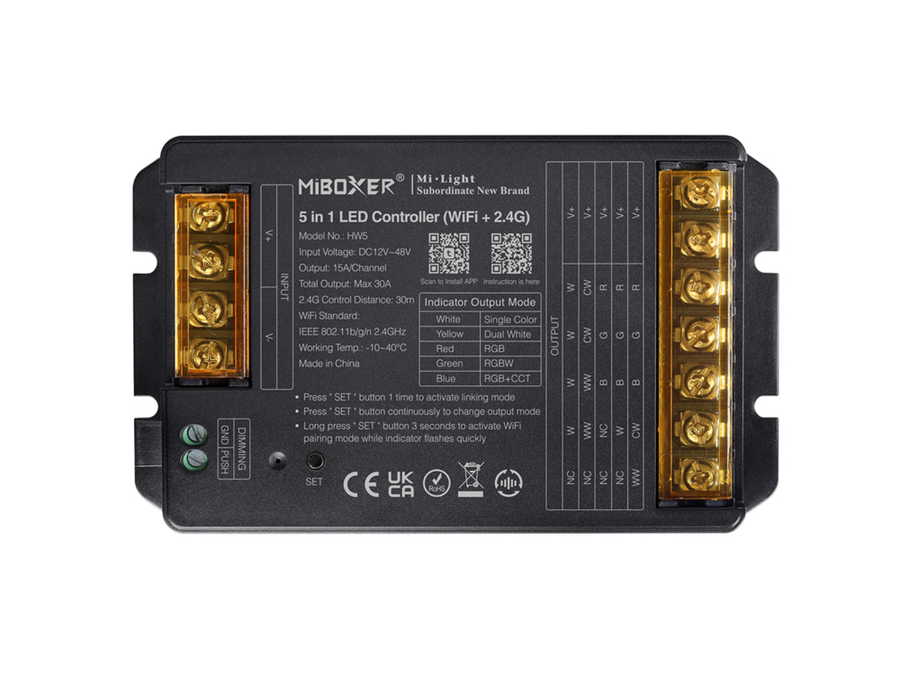 Image of MiLight HW5 5 az 1-ben LED vezérlő egyszínű, CCT, RGB, RGBW, RGB+CCT szalagokhoz, WIFI, 30A