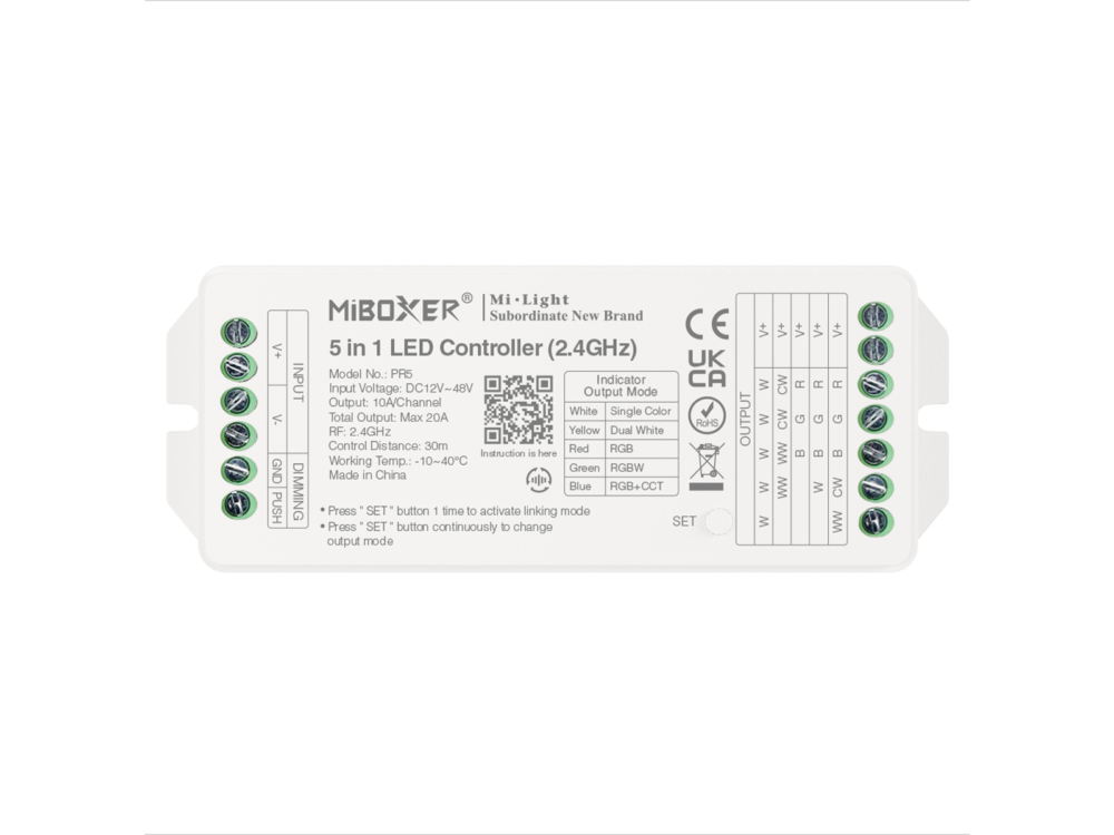 Image of MiLight PR5 5 az 1-ben LED vezérlő egyszínű, CCT, RGB, RGBW, RGB+CCT szalagokhoz, 20A