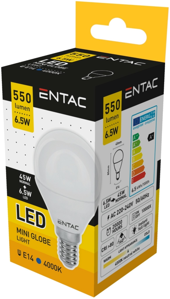 Image of Entac LED Mini Globe izzó E14 6,5W 4000K, 550 lumen (K)
