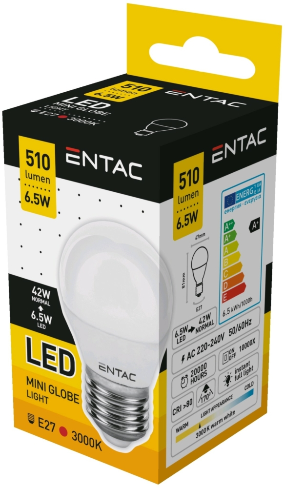 Image of Entac LED Mini Globe izzó E27 6.5W, 3000K, 540 lm (K)
