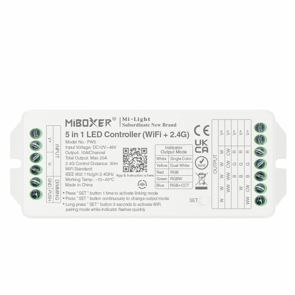 Image of MiLight PW5 5 az 1-ben LED vezérlő egyszínű, CCT, RGB, RGBW, RGB+CCT szalagokhoz, WIFI, 20A