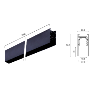 Kép 2/2 - VIOKEF 02/0201-1 Magnetic 48V-os sínelem falon kívűli, 1 méter, 5.3 cm magas, 2 db végzáróval és búrával, fekete