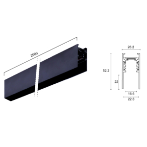 Kép 2/2 - VIOKEF 02/0201-2 Magnetic 48V-os sínelem falon kívűli, 2 méter, 5.3 cm magas, 2 db végzáróval és búrával, fekete