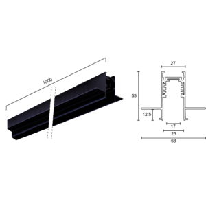 Kép 2/2 - VIOKEF 02/0202-1 Magnetic 48V-os sínelem süllyesztett, 1 méter, 5.3 cm magas, 2 db végzáróval és búrával, fekete