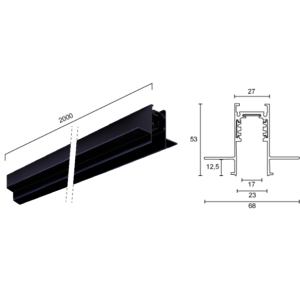 Kép 2/2 - VIOKEF 02/0202-2 Magnetic 48V-os sínelem süllyesztett, 2 méter, 5.3 cm magas, 2 db végzáróval és búrával, fekete