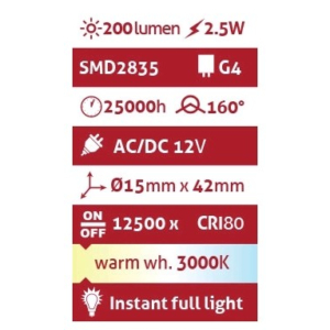 Kép 3/6 - Avide LED 2.5W G4 160° WW 3000K, 200 lumen (K)