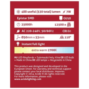 Kép 3/5 - Avide LED fényforrás 7W GU10, 2700K, 600 lm (K)