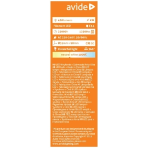 Kép 3/5 - Avide LED Filament fényforrás 4W, E14, 4000K, 420 lm, C35