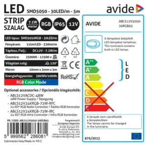 Kép 3/3 - Avide LED Szalag 12V 7.2W RGB IP65, 5050-30, 330 lumen, 5 m