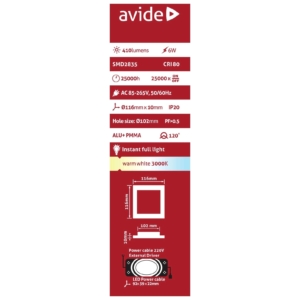 Kép 3/7 - Avide beépíthető LED panel négyzetes ALU 6W 3000K, 410 lumen