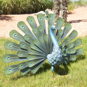 Kép 1/6 - Nortene Peacock páva figura, legyezőszerű tollakkal, fém, zöld