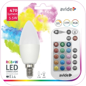 Kép 1/5 - Avide Smart LED E14 Candle izzó 5.5W RGB+W 2700K IR Távirányítóval