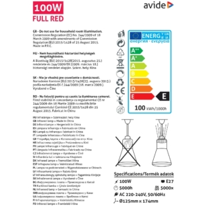 Kép 3/5 - Avide Infra Izzó E27 100W Full Red