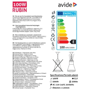 Kép 3/4 - Avide Infra Izzó R95 E27 100W Red