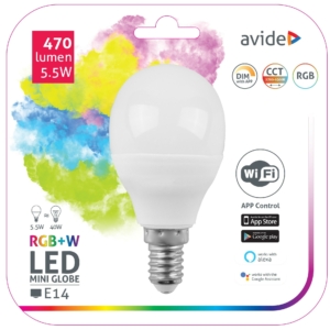 Kép 1/4 - Avide Smart LED E14 Mini Globe izzó 5.5W RGB+W WIFI APP Control