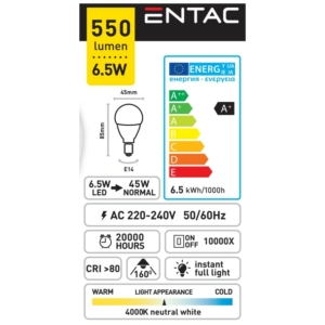 Kép 3/5 - Entac LED Mini Globe izzó E14 6,5W 4000K, 550 lumen (K)