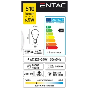 Kép 3/5 - Entac LED Mini Globe izzó E27 6.5W, 3000K, 540 lm (K)