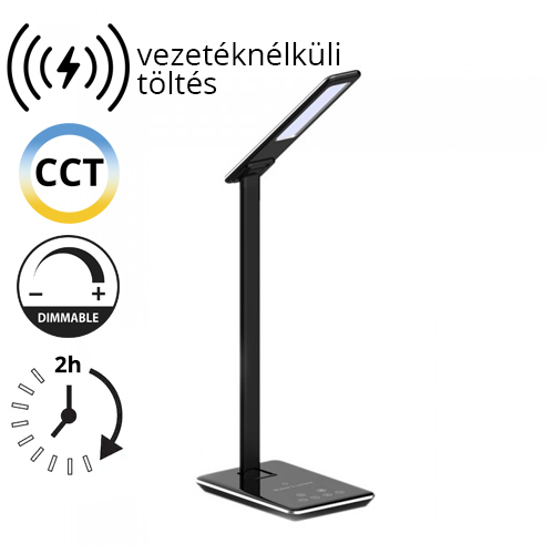 V-TAC Asztali LED lámpa (5W) változtatható színhőm. + fényerőszabályozás, időzített kikapcs., vezeték nélküli töltés, fekete-ezüst