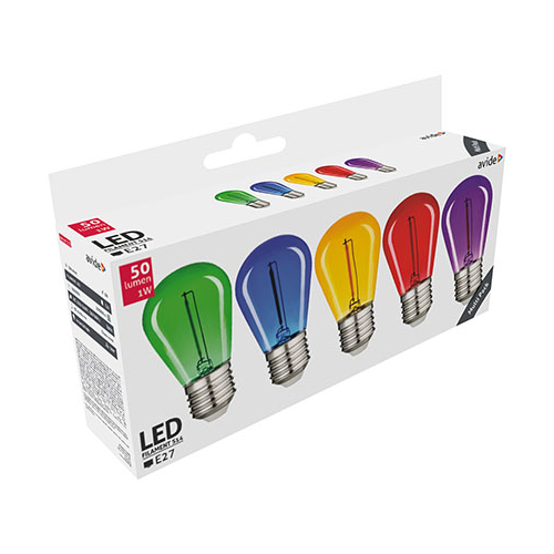 Avide Színes filament LED lámpa szett E27 (1W/300°) Körte - zöld, kék, sárga, piros, lila