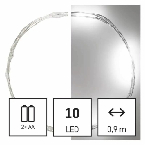 EMOS D3AC06 LED karácsonyi nano fényfüzér, ezüst, 0.9 m, 2x AA, beltéri, hideg fehér, időzítő