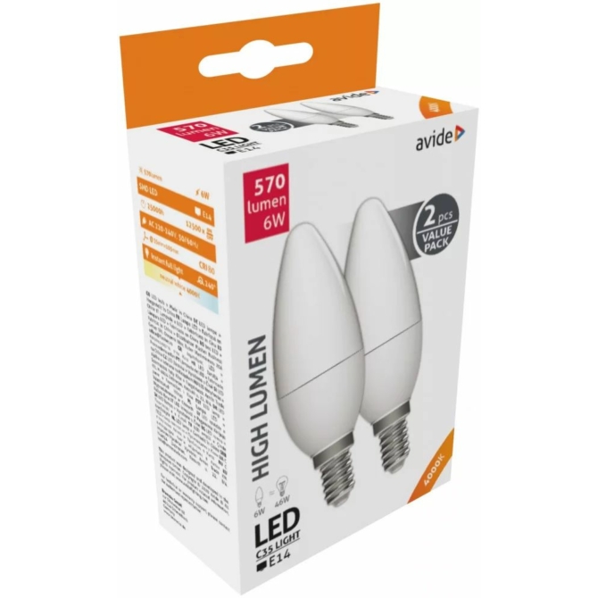 Avide LED Candle Twin Pack 6W E14 NW 4000K, 570 lumen (K)