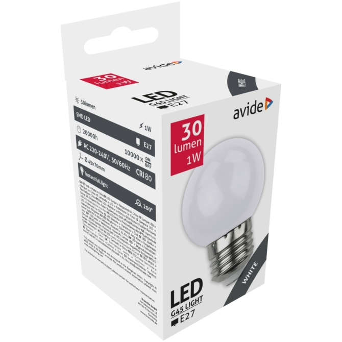 Avide Dekor LED fényforrás G45 1W E27 Fehér (K)