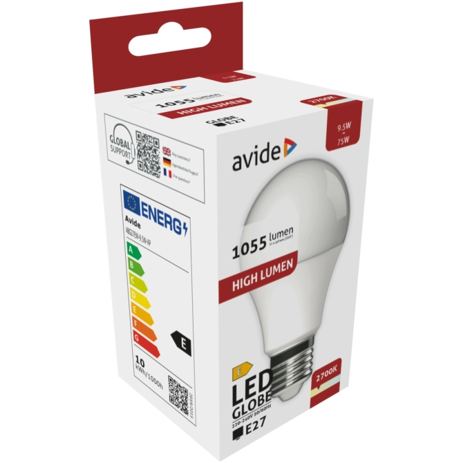 Avide LED Globe izzó A60 9.5W E27 2700K, 1055 lm