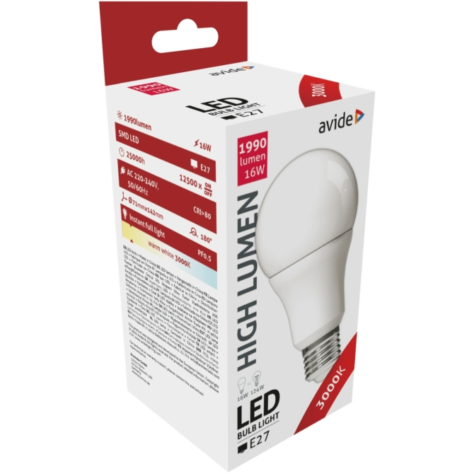 Avide LED gömb izzó A70 16W E27 3000K, 1901 lm