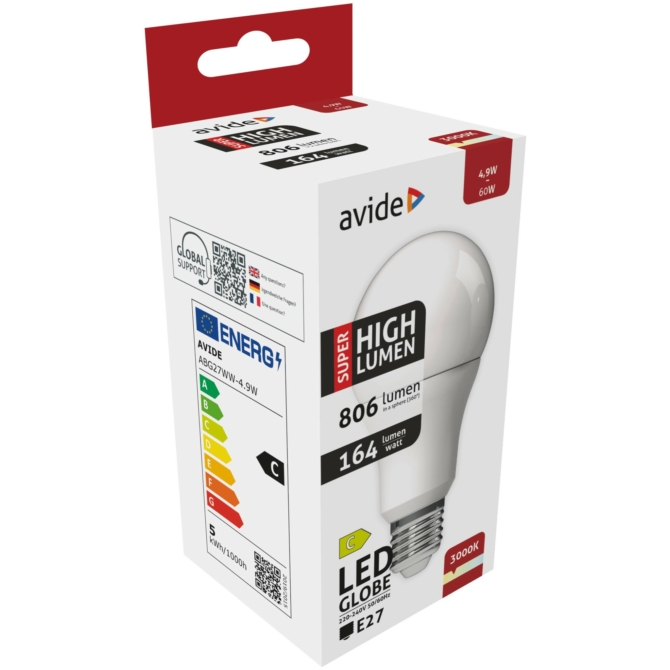 Avide LED Globe izzó A60 4.9W E27 3000K, 806 lm