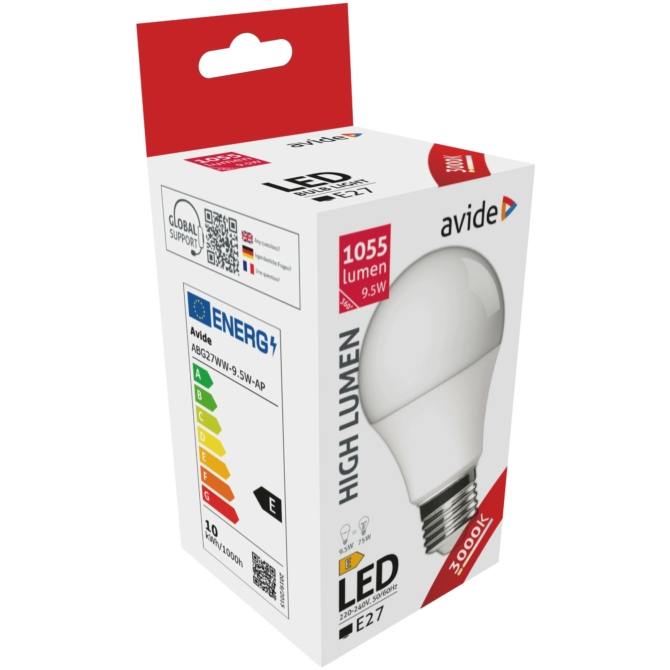 Avide LED gömb izzó A60 9.5W E27 3000K, 1055 lm (K)