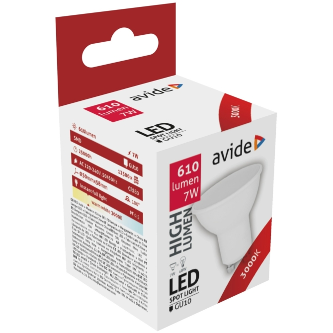 Avide LED spot izzó 7W GU10 WW 3000K, 610 lm (K)