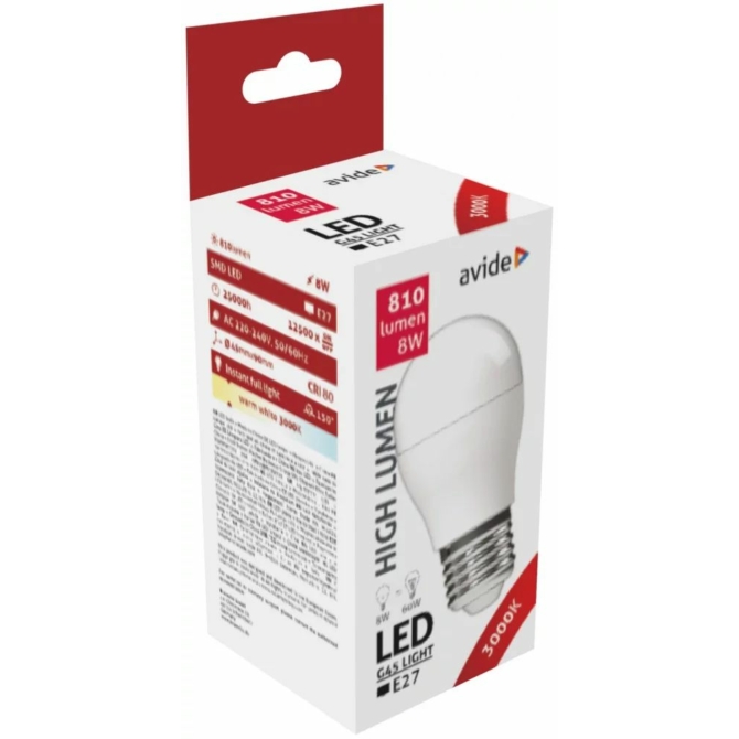 Avide LED gömb izzó Mini G45 8W E27 WW 3000K, 810 lumen (K)