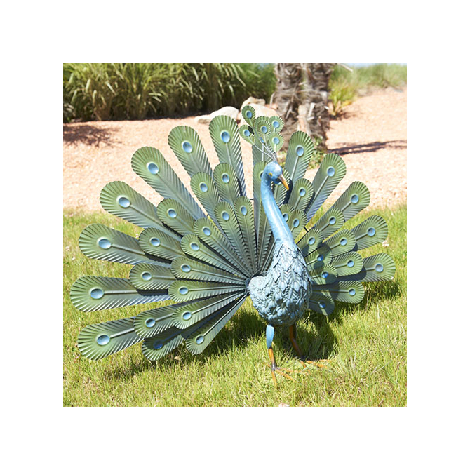 Nortene Peacock páva figura, legyezőszerű tollakkal, fém, zöld
