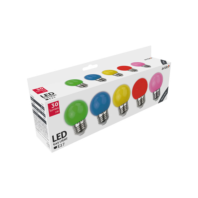 Avide Színes LED lámpa szett E27 (1W/200°) Kisgömb - zöld, kék, sárga, piros, rózsaszín