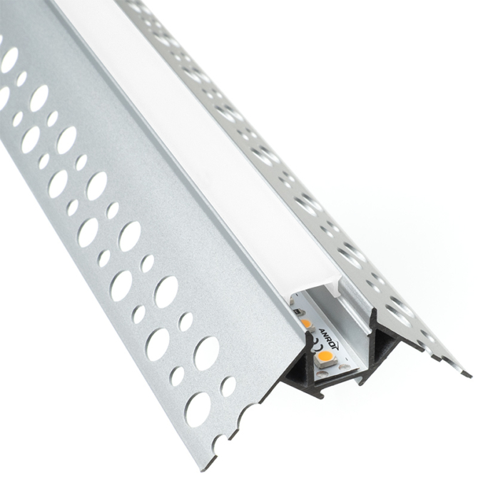 Led Profiles ALP-019 Ezüst - Gipszkarton külső sarok világításhoz glettelhető alu profil (Opál búrával)