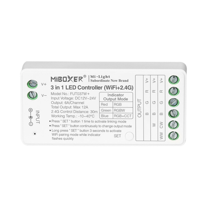 MiLight FUT037W+ 3 az 1-ben LED vezérlő RGB, RGBW, RGB-CCT szalagokhoz, WIFI, 12A
