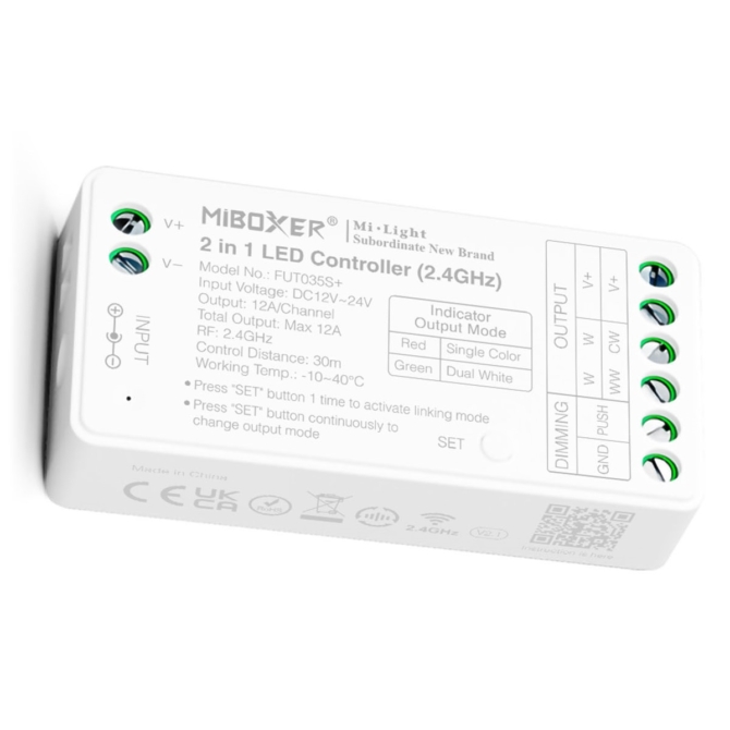 MiLight FUT035S+ 2 az 1-ben LED vezérlő egyszínű és CCT szalagokhoz, 12A